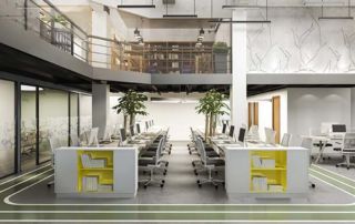 A modern, healthy, safe, and clean commercial workplace with hotdesking workstations