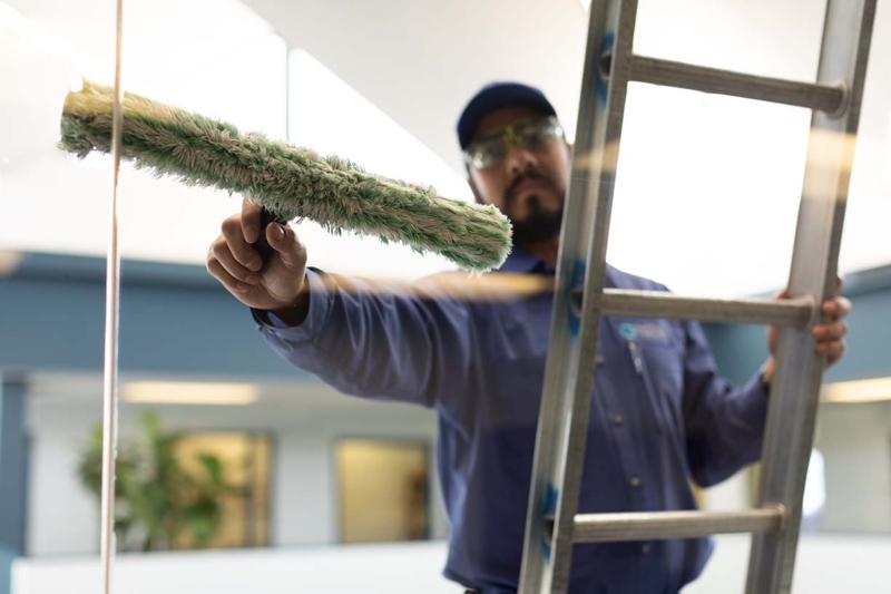 Window cleaning associate performing high cleaning of an office window